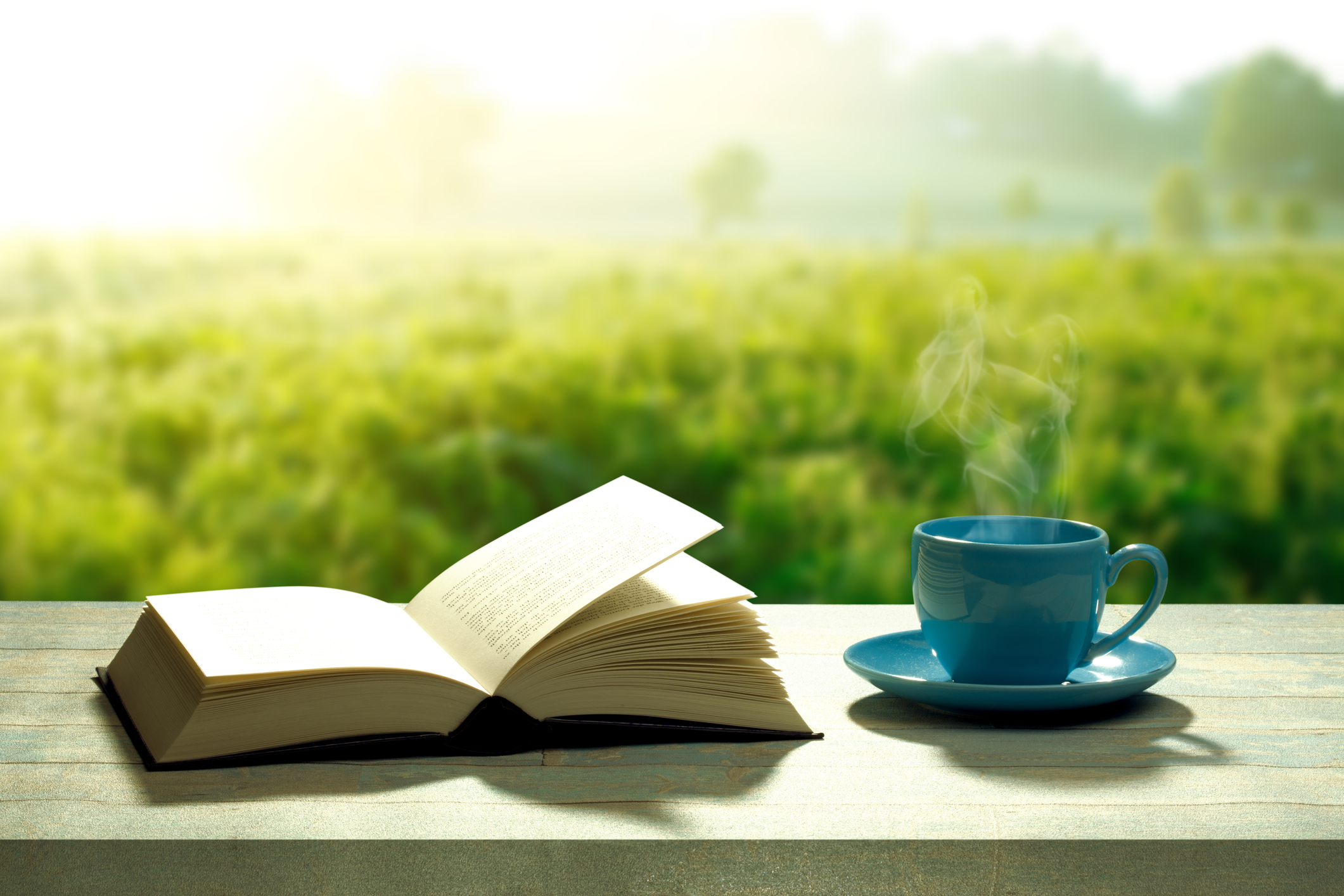 open novel book with a blue coffee cup and a wooden table